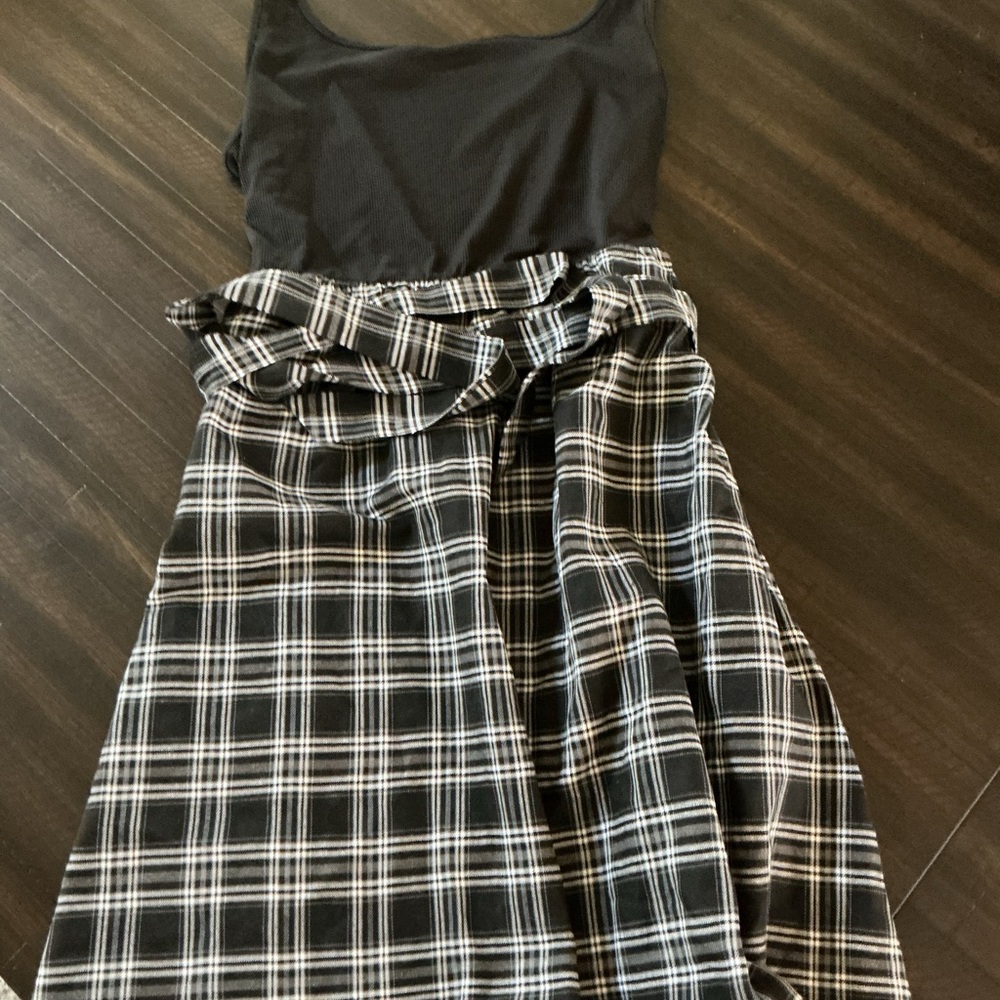 Black Tank Top with Black & White Plaid Skirt
